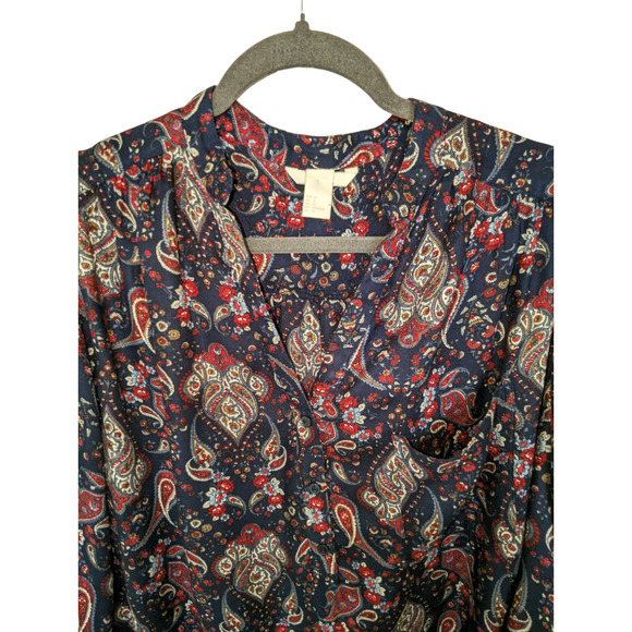 H&M Womens 12 Multicolor Blouse Paisley Red Blue White Button Up V Neck - Picture 9 of 13
